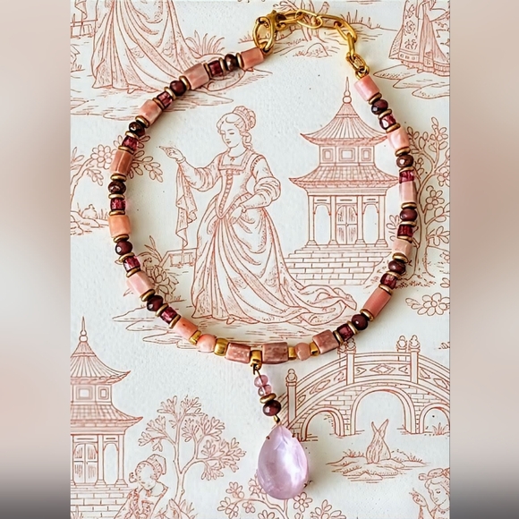 Natural Genuine Pink Opal & Pink Glass in GP Necklace w/ Powder Pink Crystal - Picture 1 of 10